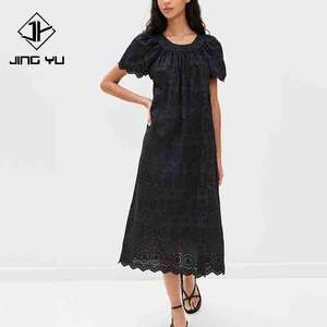 Robe de soirée décontractée brodée en forme d'éventail à col rond Jingyu, robe maxi personnalisée 100% coton - Product Image 3