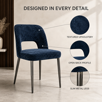 Chaise de salle à manger Navy Boucle à dossier ouvert, découpe rectangulaire sculptée, assise rembourrée, pieds métalliques coniques
