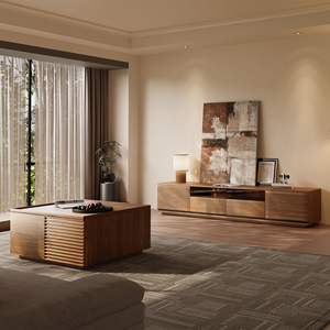 طاولة تلفزيون خشبية عصرية من AJUNION بتصميم مضلع، وحدة ترفيه لغرفة المعيشة، كونسول تلفزيون بلون الجوز من MDF مع إضاءة LED - Product Image 3