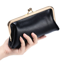 Tas Clutch Multi-Fungsi Kulit Asli Retro Wanita Dompet Panjang Gaya Eropa Amerika Sederhana dengan Penutup Kancing Organizer