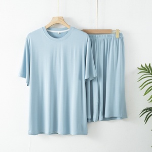 Pigiama Casual da <span class=keywords><strong>uomo</strong></span> in fibra di bambù a manica corta estivo sottile due pezzi Set tinta unita Homewear - Product Image 4