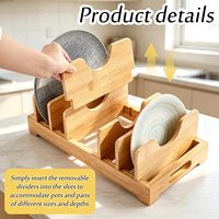 Organisateur de couvercles de casseroles en bambou, support de couvercles de casseroles et poêles, organisateur de tiroir pour couvercles de casseroles et plaques de cuisson avec séparateurs ajustables pour armoire