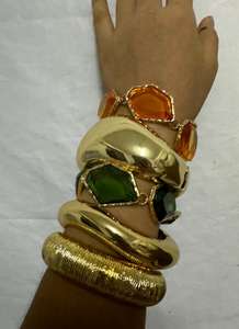 Kaimei 2025 Fashion perhiasan wanita Chunky geometris tidak beraturan hijau gelang batu permata Minimal Chubby gelang Metal - Product Image 3