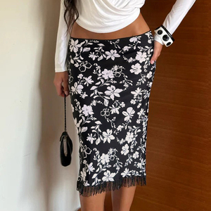 Women Retro Floral Print Fringe Hem Bodycon Skirt Black White Contrast <b>High</b> Waist Pencil Skirt Sexy Y2K Midi Skirt - Product Image 1