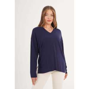 Suéter de Punto Azul Marino para Mujer con Cuello en V y Aberturas Laterales, Estilo Coreano con Logotipo Frontal para Otoño e Invierno, Venta al por Mayor - Product Image 5