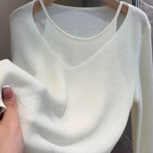 Pull en tricot à col en V pour femme, couleur café, effet deux pièces, manches longues, coupe ample, respirant, pour l'automne - Product Image 4