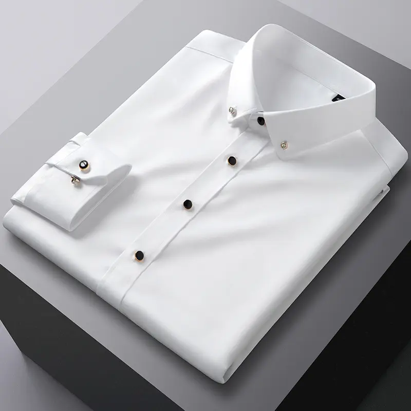 Male Business Casual Slim Fit Dress Shirt Solid Color Long Sleeve Wrinkle Free Luxury Men Silk Satin Shirts