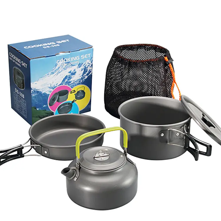 Aksesuarları ile açık çaydanlık seti pot, alüminyum pot seti grubu, kombine alumina malzeme taşınabilir kamp tencere seti çaydanlık