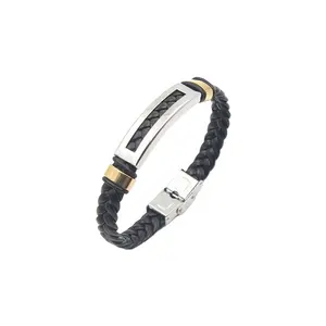 Pulsera de cuero trenzado para hombre, accesorio de acero inoxidable y chapado en oro