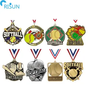 Manufacturer Customised 3D Enamel Sport Baseball Softball Game Award Medals Ribbon Medalla Medallion Custom Softball Medal