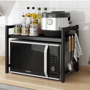 Estante retráctil escalable para horno microondas, estante de almacenamiento de cocina de una o dos capas de metal grueso negro - Product Image 1