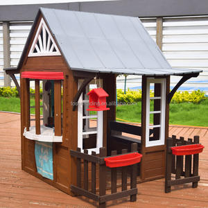 Maisonnette en bois pour enfants avec cuisine de jeu, auvent rouge, clôture et mangeoire à oiseaux - Cabane de jeu pour s'amuser dans le jardin - Product Image 2