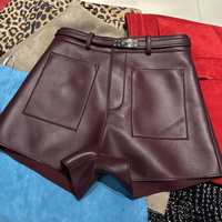 Shorts décontractés pour femmes en cuir d'agneau véritable, taille haute, shorts en cuir véritable tendance pour l'été avec ceinture
