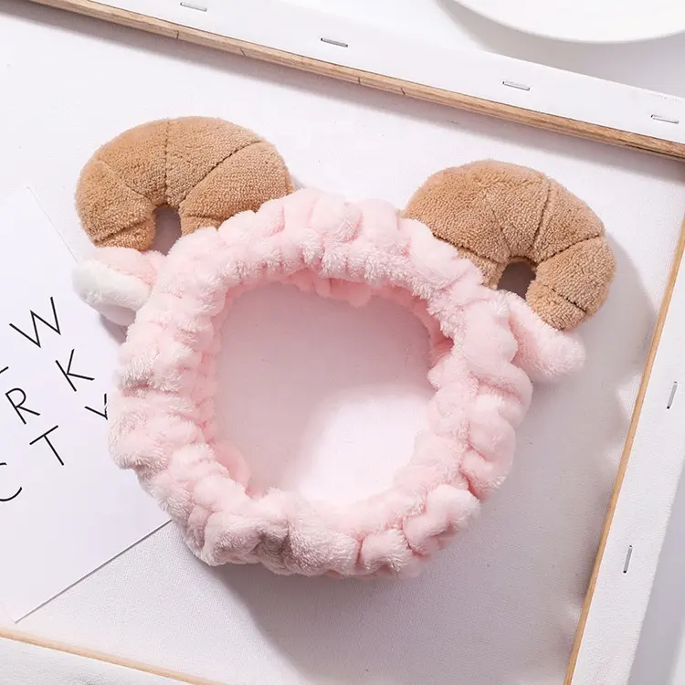 Cute Soft Sheep Horns Ear Pink Plush Elastic Hair Band Makeup Wash Face Headband For Women Girls