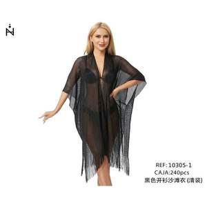 Vestido de moda transparente de manga larga con flecos y abertura negra para la playa, ideal como cubierta sobre trajes de baño. - Product Image 1