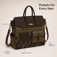 Sac fourre-tout pour ordinateur portable en toile olive 3455, multi-poches, rayures diagonales marron foncé, grande capacité, sac à main de voyage pour femme, sac de week-end