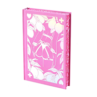 Service d'impression de livres reliés personnalisés avec impression holographique rose, couverture artistique et bordure à motif spécial par pulvérisation