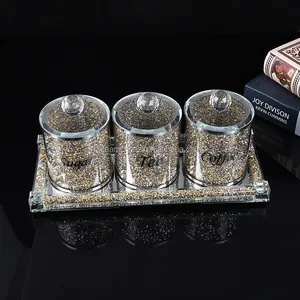 Set Toples Kaca Gula Teh, Toples Kaca Gula, dengan Manik-manik Dalam, Kristal Berlian Hancur Bening