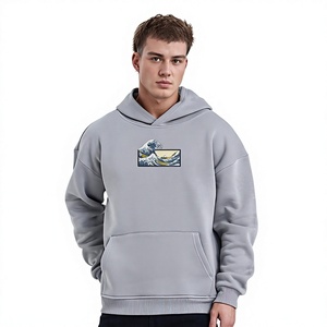 Sweat-shirt à capuche gris pour homme avec imprimé Grande Vague en coton French Terry, décontracté pour l'automne - Product Image 1