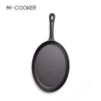 9 "besi cor piring saji desain klasik, peralatan masak piring Sizzler Fajita Pan dengan dasar kayu datar ramah lingkungan