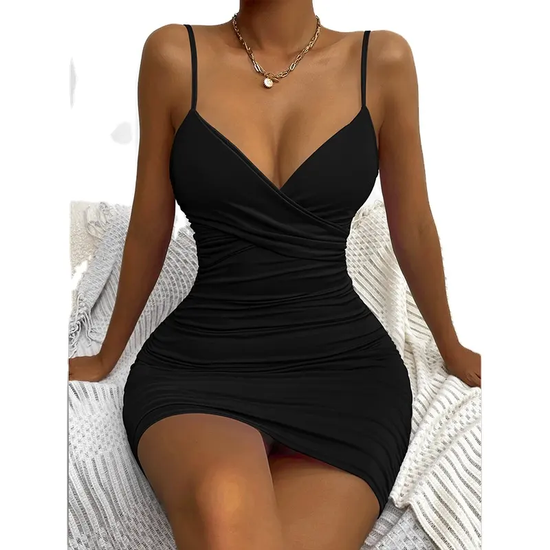 Factory Wholesale Summer Sexy V-Neck Sling Dress 2023 Hot Sale Women's Pleated Hip Dress Elegant Banquet Party Dress