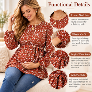 Camicia Premaman con Stampa Floreale, Maniche Lunghe, Collo Tondo, Bottoni, Cintura e Volant, Top per Gravidanza Primaverile - Product Image 3