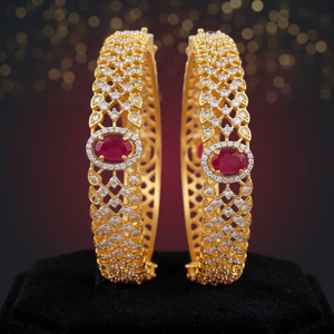 18K Gold Plated Brass Cubic Zirconia Oval <b>Ruby</b> Bangle Set Luxurious Bridal CZ Cutwork Openable Hand Cuffs For Women - Product Image 1
