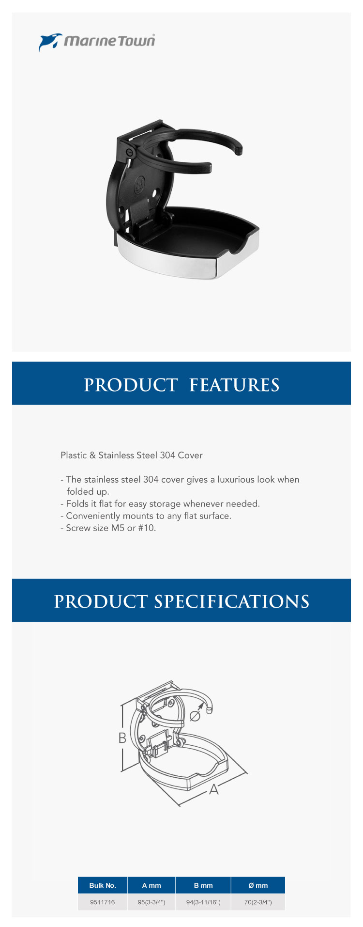 Marine Town George Folding Drink Holder SS Cover w/Plastic Body Blk - Adjustable Car Cup Holder