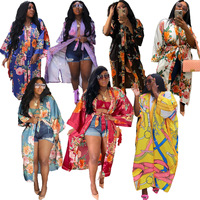 Cardigan long décontracté en tissu imitation soie avec ceinture, collection automne 2026, vêtement africain, kimono imprimé floral tendance pour femme