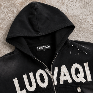 Sweat à capuche zippé <span class=keywords><strong>noir</strong></span> en gros, orné de strass, effet éclaboussures de peinture, coupe courte, style vintage, streetwear pour homme - Product Image 4
