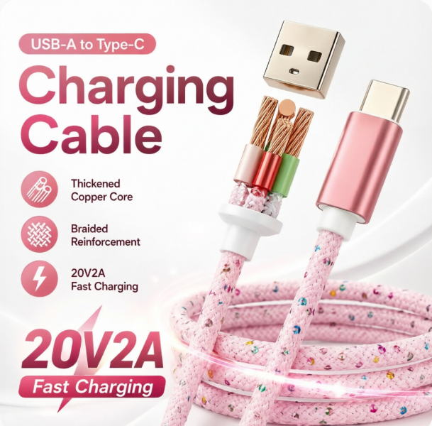Pink Bling Braided USB-A to USB-C 3m Data Transfer Cable 60W Fast Charging Conductor for Mobile Phone