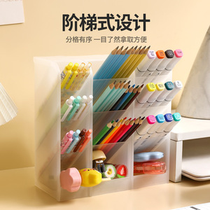 Slanted Insert <b>Pen</b> Holder Multi Compartment Desk Organizer For Student Stationery Storage Plastic Square Shape With Partitions - Product Image 2