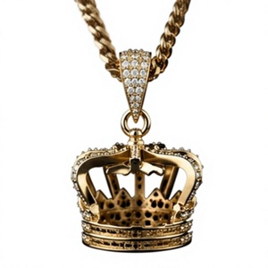 Collier pendentif couronne pour homme plaqué or 10 carats avec chaîne à maillons en cristal - Bijou tendance pour cadeau - Product Image 2