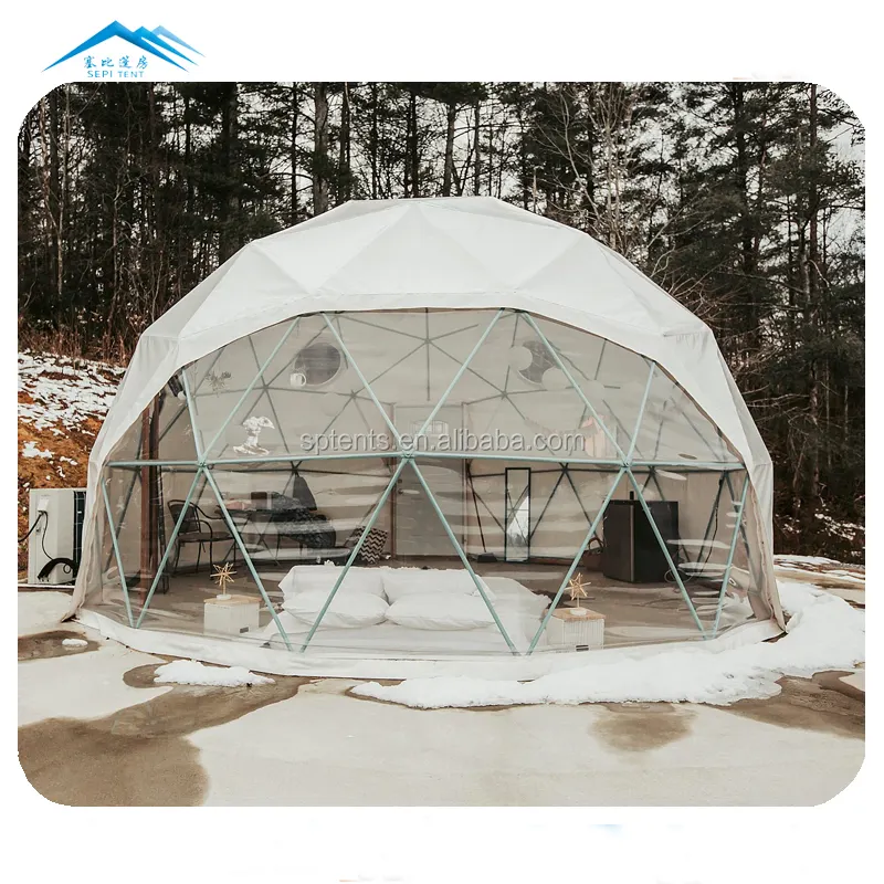 Hôtel de villégiature de luxe personnalisé tente de pêche sur glace tente hexagonale de camping d'hiver dôme géodésique rond de 12 pieds tente blanche