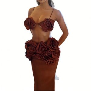 2025 última llegada tendencia Sexy marrón oscuro vendaje vestido 3D flor Top Floral Maxi vestido verano conjunto de dos piezas - Product Image 2