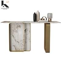 Table console moderne de luxe en pierre frittée avec base en acier inoxydable et plateau en marbre pour entrée
