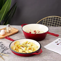 Panci Masak Multifungsi 2 in 1 26cm dengan Dua Gagang, Panci Belanda Besi Cor dan Wajan Kombinasi, Peralatan Masak Panci Besi Cor Berlapis Email
