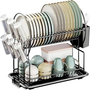 Escurridor de Platos de 2 Niveles, Organizador de Cocina de Metal Negro con Portavasos para Platos, Tazones y Utensilios - Product Image 1