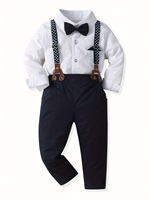 Ensemble chemise à col nœud papillon et pantalon à bretelles pour tout-petit garçon, tenue de gentleman formelle pour mariage et fête, printemps-automne