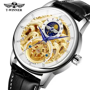 Winner 514 Mechanical Men Moon Phase Carved Skeleton Dial Mens Watches Luxury Brand Design Fashion Wrist Watch For Men Leather