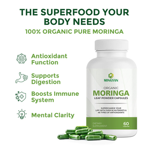 Capsules de feuilles de Moringa Oleifera biologiques en gros, fabriquées en usine GMP, pour le soutien immunitaire des adultes, antioxydant, santé intestinale, complément alimentaire - Product Image 2
