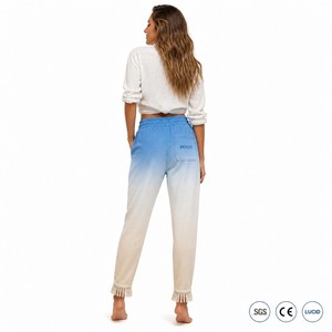 Pantalon de jogging fuselé en coton slub 380 GSM pour femme, dégradé, teint à la main, couleur azur ombré, avec ourlet à franges, style Riviera, OEM XS-5XL - Product Image 3