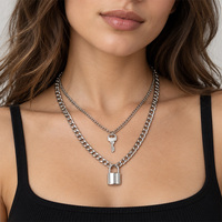 Collier pendentif double couche couleur argent avec cadenas, chaîne réglable, bijoux punk tendance pour femmes et filles, cadeau de fête
