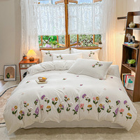 Parure de lit en coton lavé 3/4 pièces, super douce, respirante, broderie florale, pour toutes les saisons, maison et hôtel