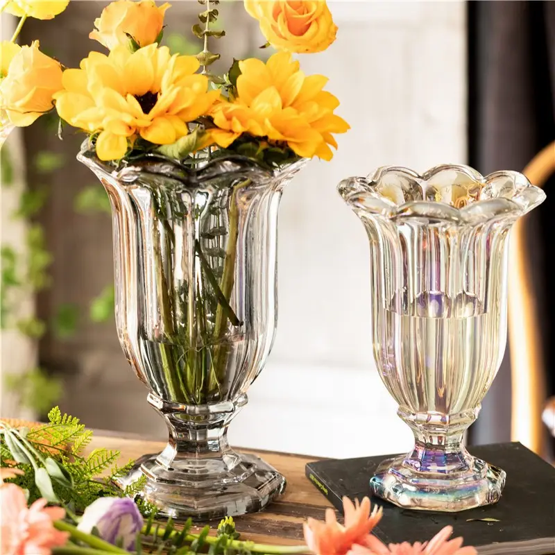 Retro Hotel High Foot Relief Thickened Glass Vase Petal Saliva Crystal Transparent Flower Arrangement Decoration
