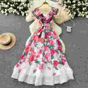 Vestido Midi Casual de Verano con Cuello en V y Estampado Romántico para Mujer, Vestido con Volantes y Encaje - Product Image 3
