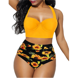 Traje de baño de 2 piezas con cuello halter, espalda descubierta, fruncido, control de abdomen, liso teñido con estampado y decoración de joyas - Product Image 4