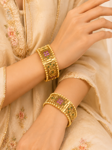 DIVYORO Elegant Detailed Antique Gold Hinged <b>Bangle</b> with Gemstone Accents and Enamel Work Handmade Ethnic Jewelry - Product Image 3