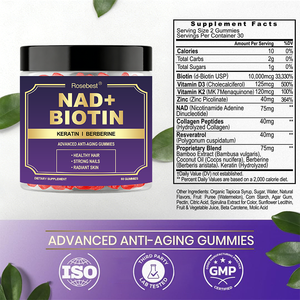 Integratore Naturale Anti-età OEM con Etichetta Privata, 9 in 1, Gommose Pure di NAD e Biotina con Resveratrolo e Collagene per Capelli, Pelle e Unghie - Product Image 6