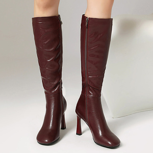 Bottes hautes pour femmes à bout carré, grande taille 46, coupe large, talons hauts, fermeture éclair latérale, bottines longues unies - Product Image 4